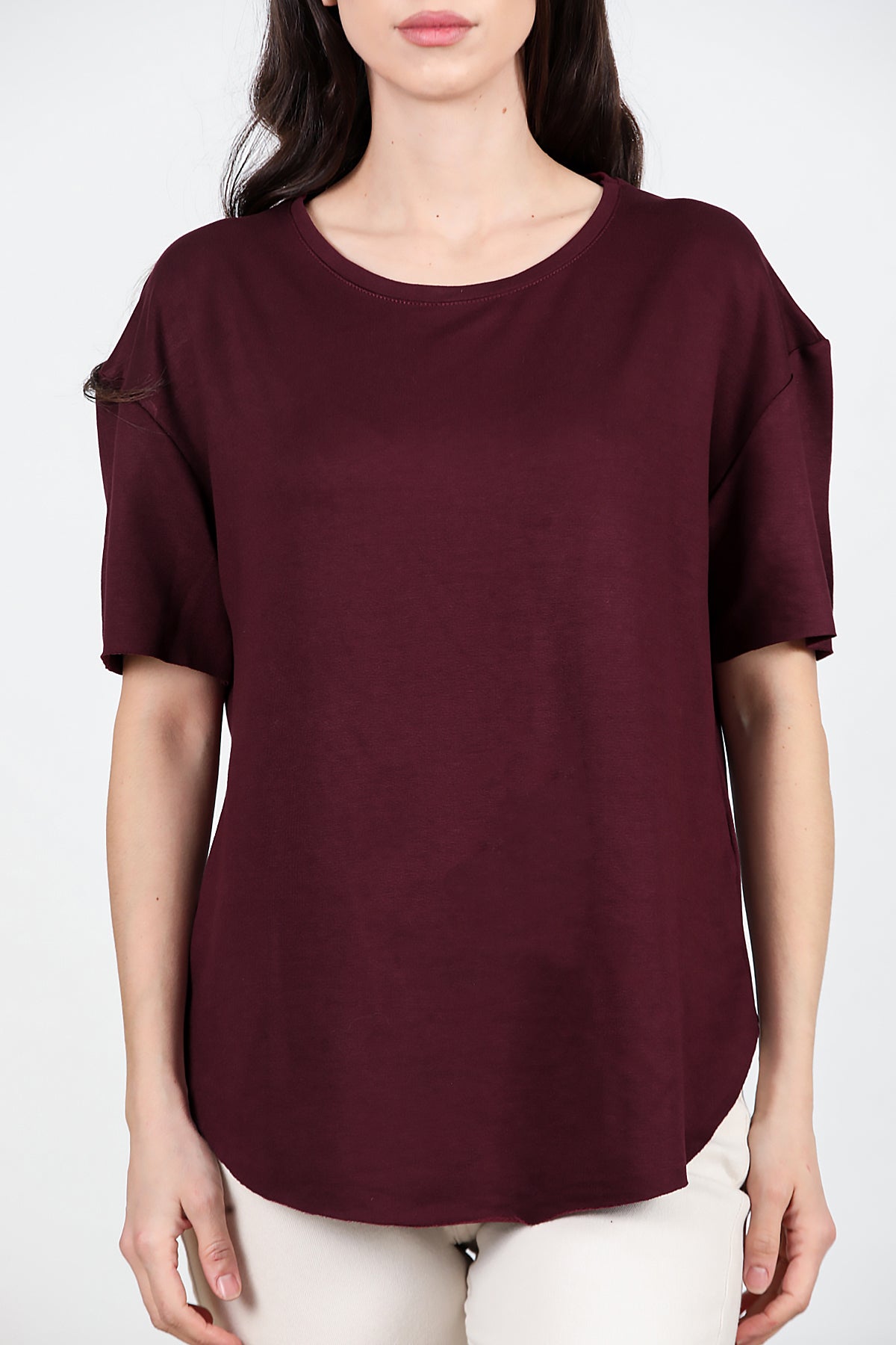Kadın Eteği Oval Bisiklet Yaka T-shirt Bordo