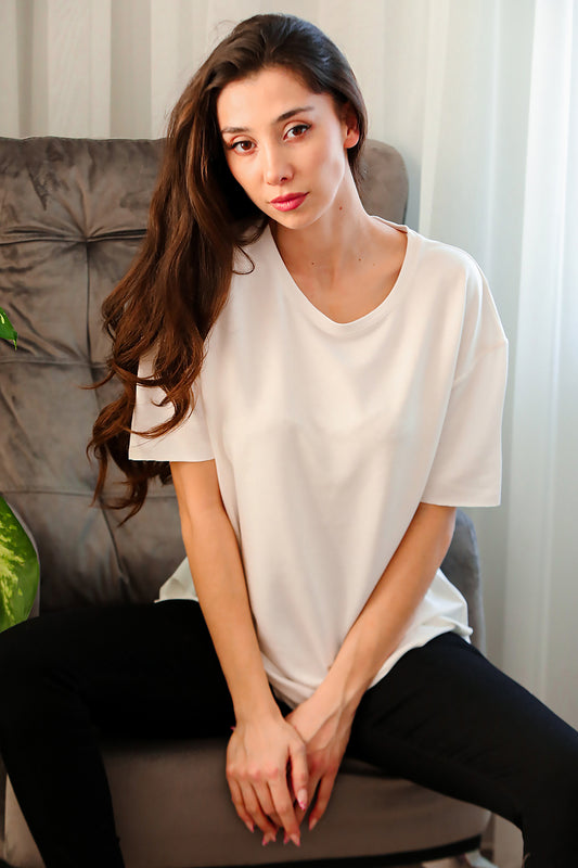 Kadın Eteği Oval Bisiklet Yaka T-shirt Ekru