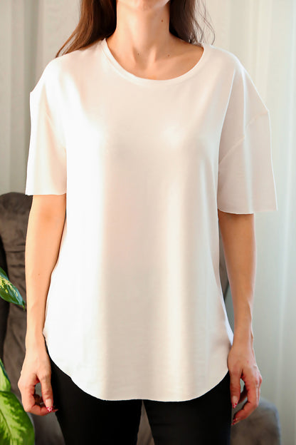 Kadın Eteği Oval Bisiklet Yaka T-shirt Ekru