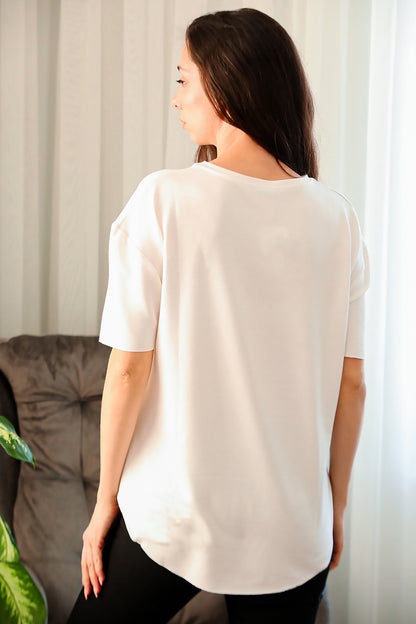 Kadın Eteği Oval Bisiklet Yaka T-shirt Ekru