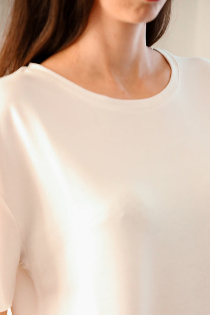 Kadın Eteği Oval Bisiklet Yaka T-shirt Ekru