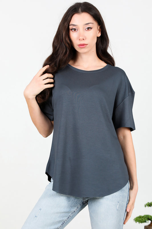 Kadın Eteği Oval Bisiklet Yaka T-shirt Füme
