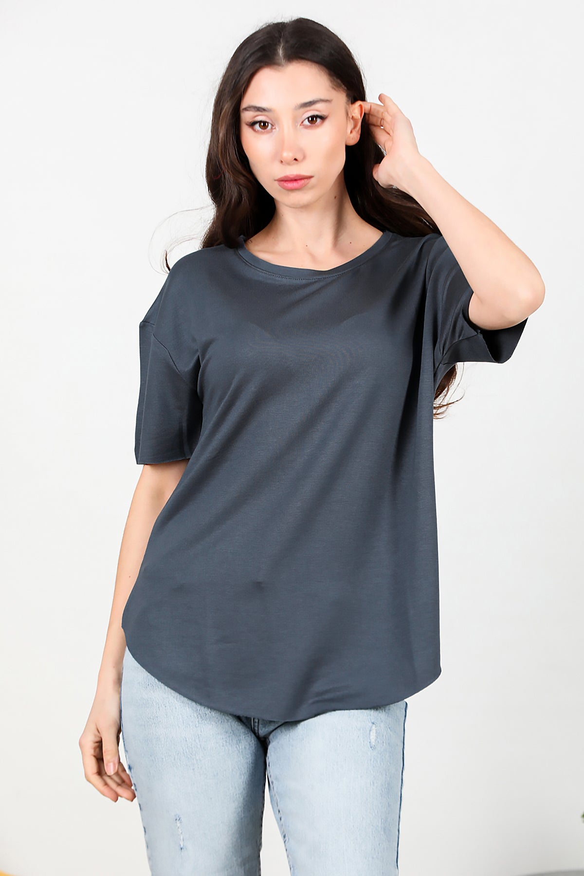 Kadın Eteği Oval Bisiklet Yaka T-shirt Füme