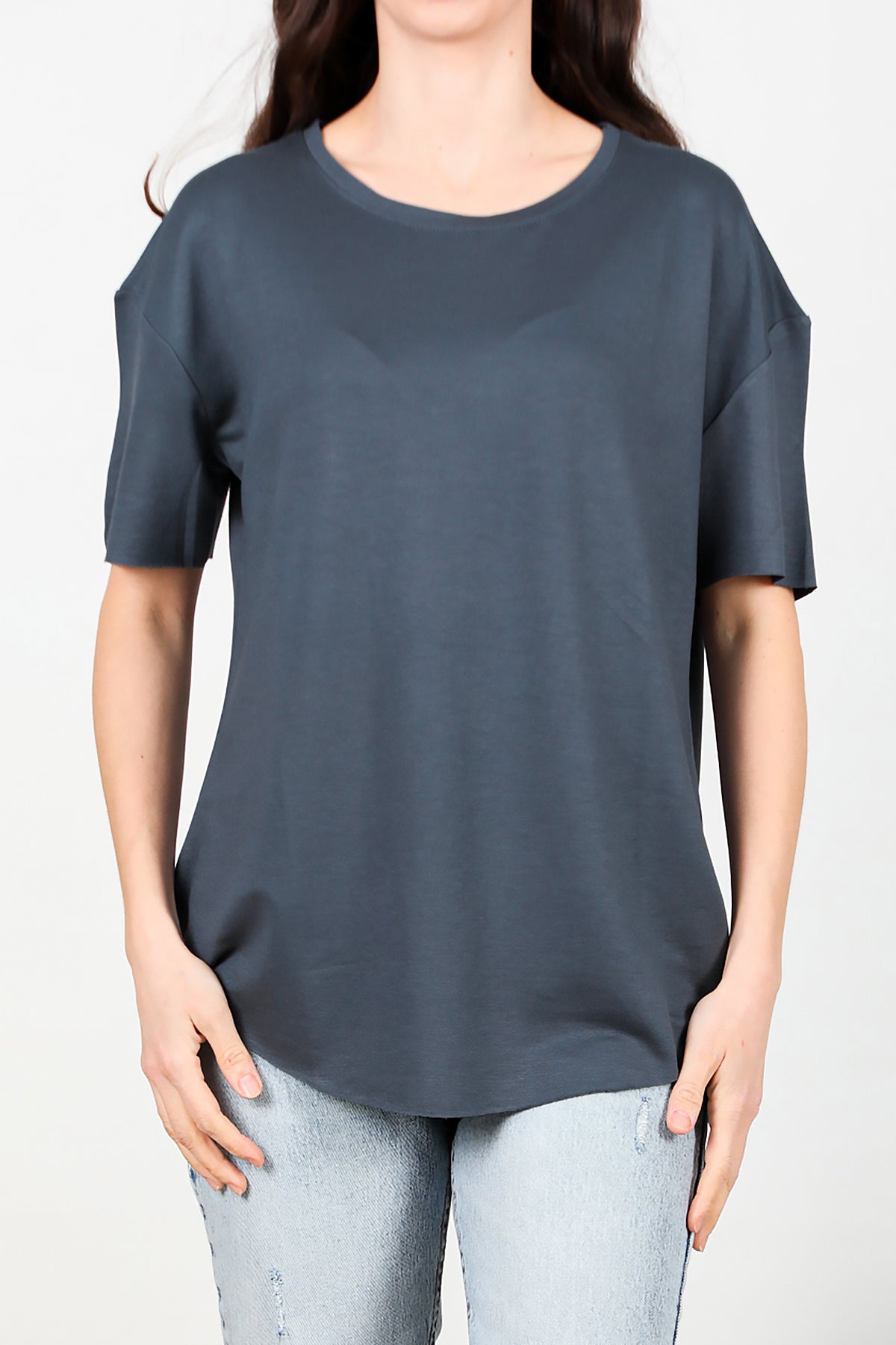 Kadın Eteği Oval Bisiklet Yaka T-shirt Füme