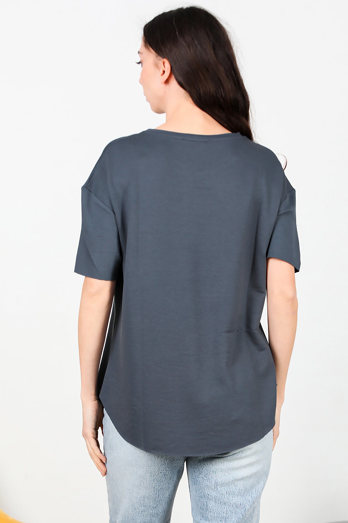 Kadın Eteği Oval Bisiklet Yaka T-shirt Füme