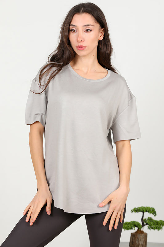 Kadın Eteği Oval Bisiklet Yaka T-shirt Gri