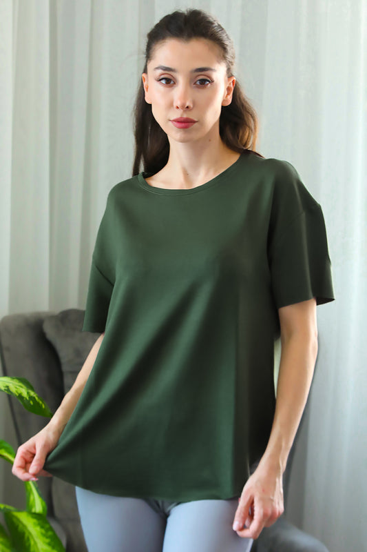 Kadın Eteği Oval Bisiklet Yaka T-shirt Haki