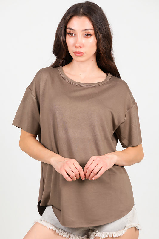 Kadın Eteği Oval Bisiklet Yaka T-shirt Kahverengi