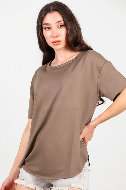 Kadın Eteği Oval Bisiklet Yaka T-shirt Kahverengi