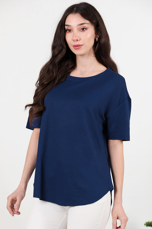 Kadın Eteği Oval Bisiklet Yaka T-shirt Lacivert