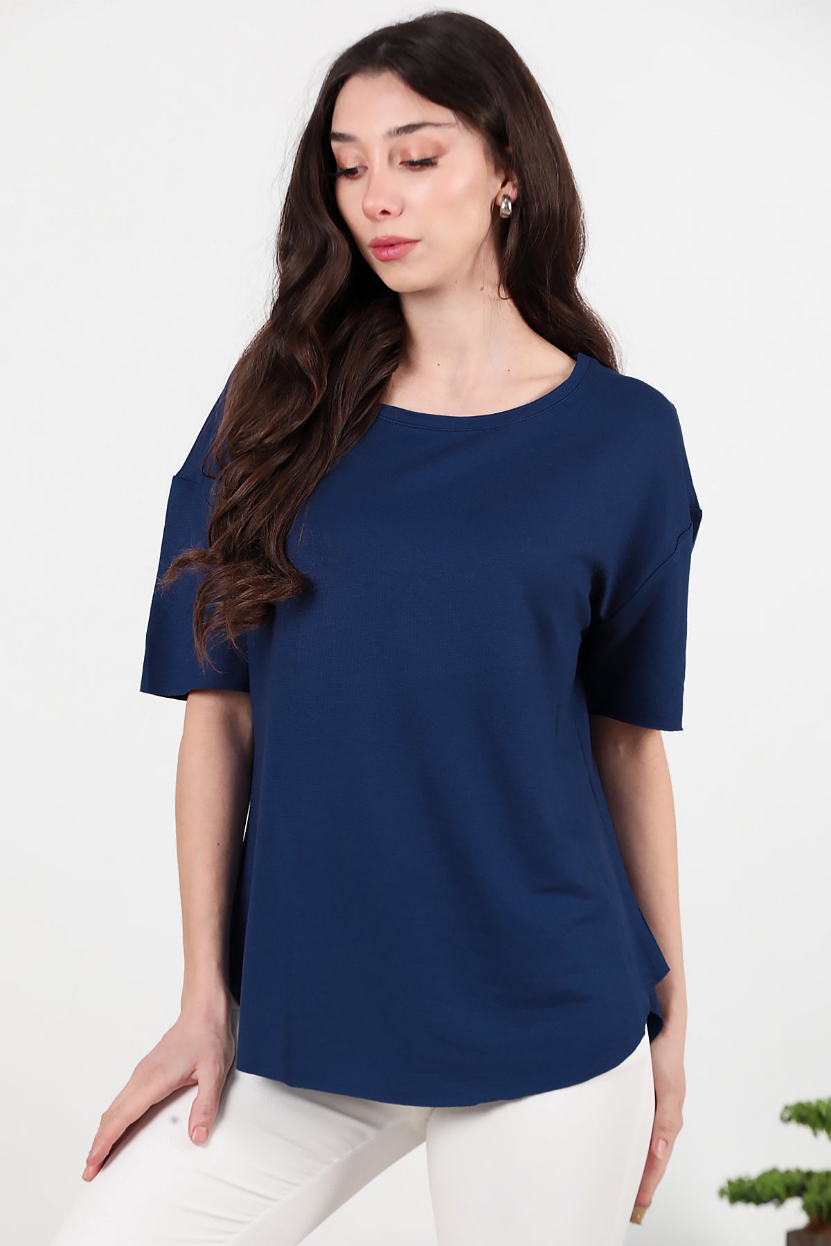 Kadın Eteği Oval Bisiklet Yaka T-shirt Lacivert