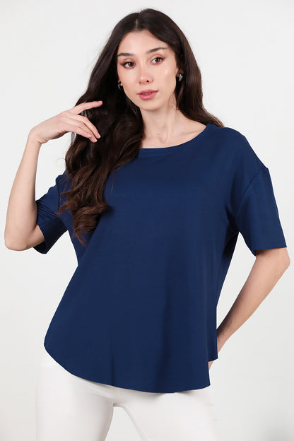 Kadın Eteği Oval Bisiklet Yaka T-shirt Lacivert