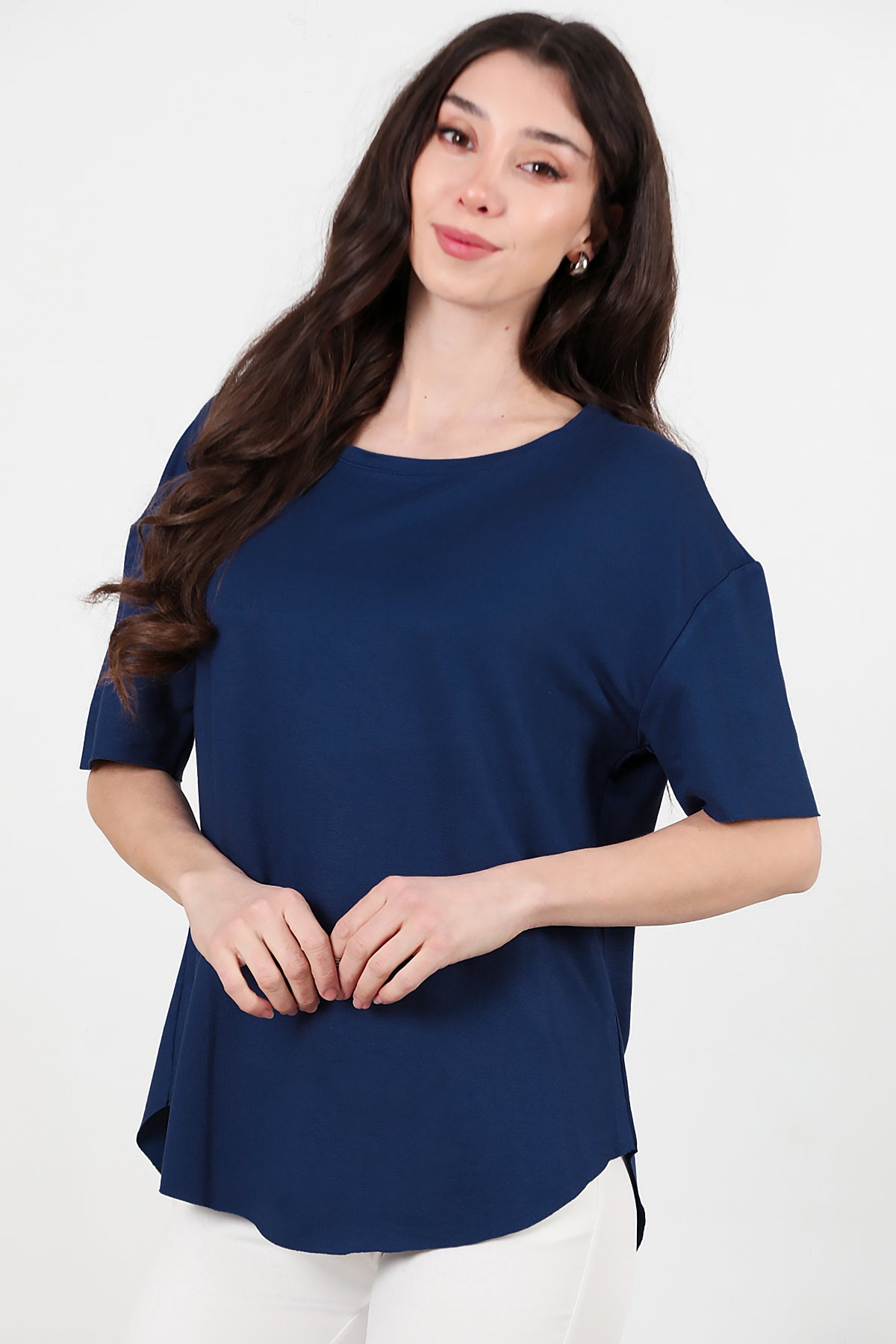 Kadın Eteği Oval Bisiklet Yaka T-shirt Lacivert