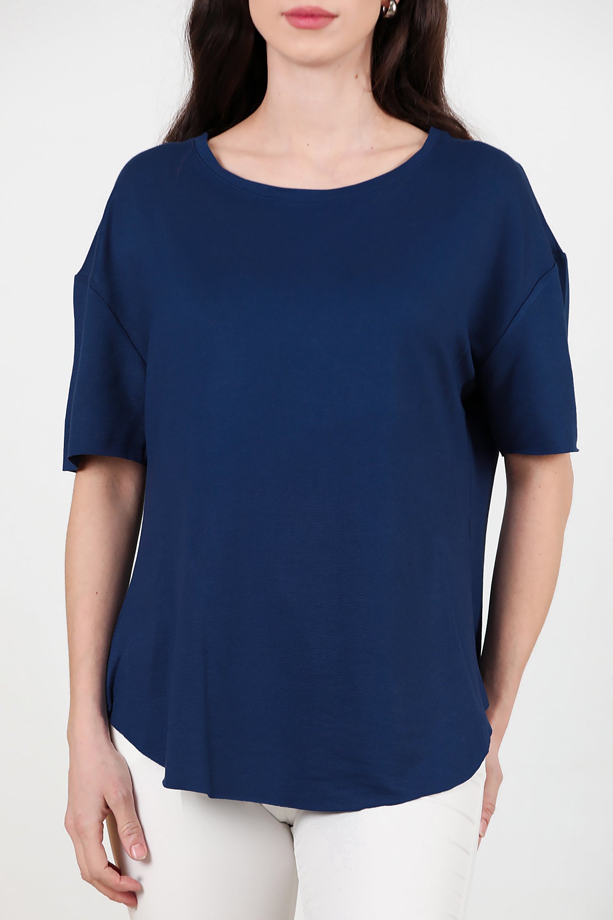 Kadın Eteği Oval Bisiklet Yaka T-shirt Lacivert