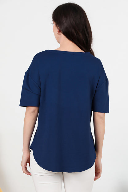 Kadın Eteği Oval Bisiklet Yaka T-shirt Lacivert
