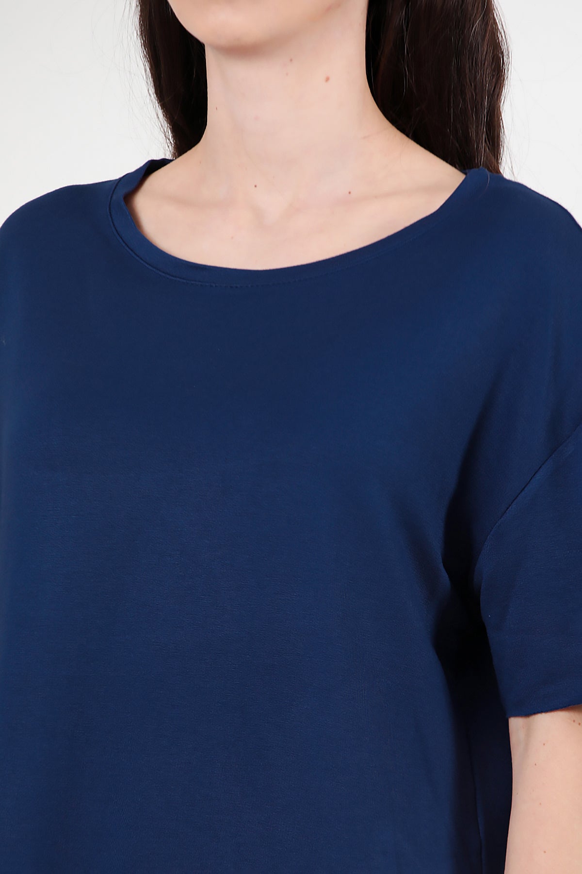 Kadın Eteği Oval Bisiklet Yaka T-shirt Lacivert