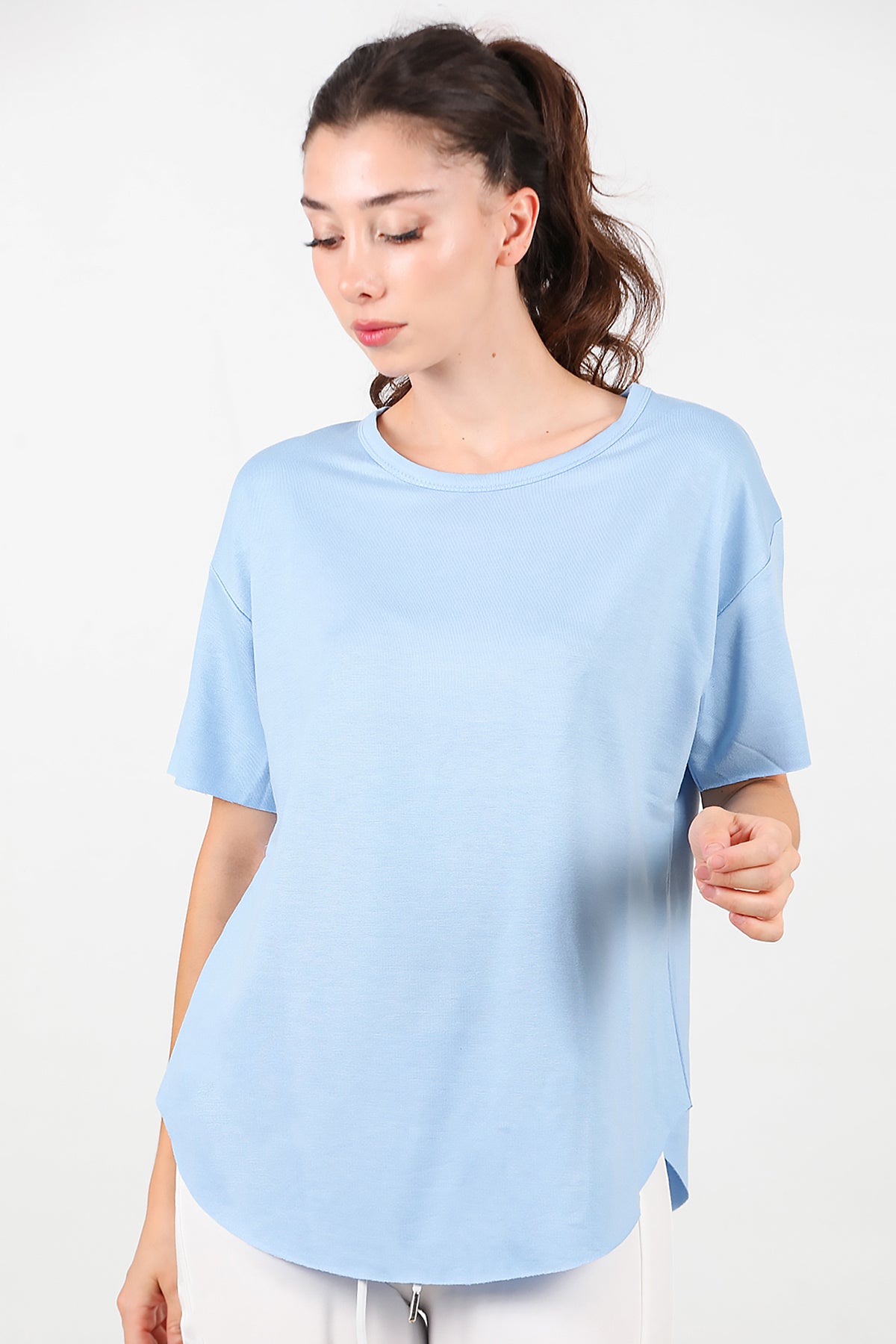 Kadın Eteği Oval Bisiklet Yaka T-shirt Mavi