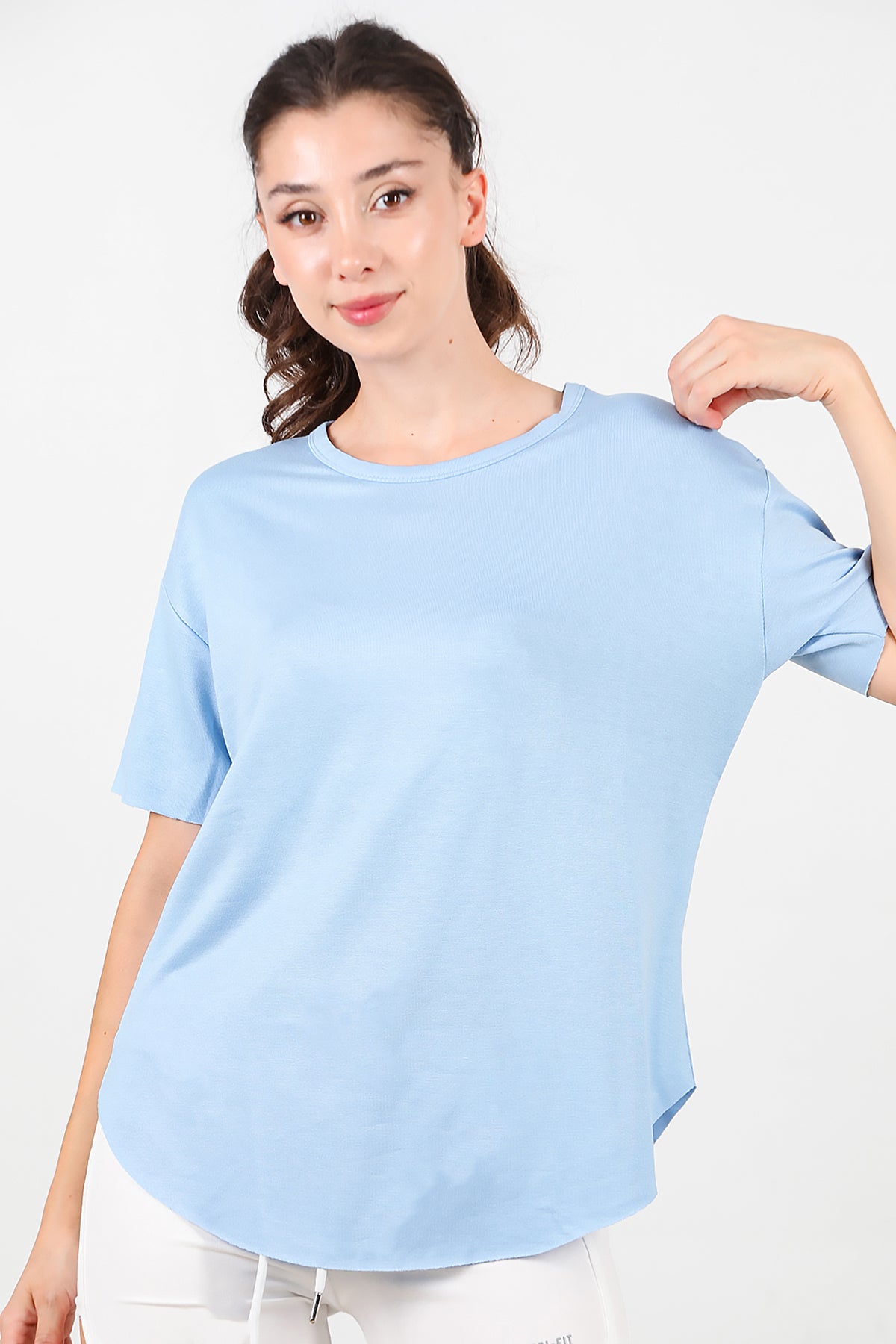 Kadın Eteği Oval Bisiklet Yaka T-shirt Mavi