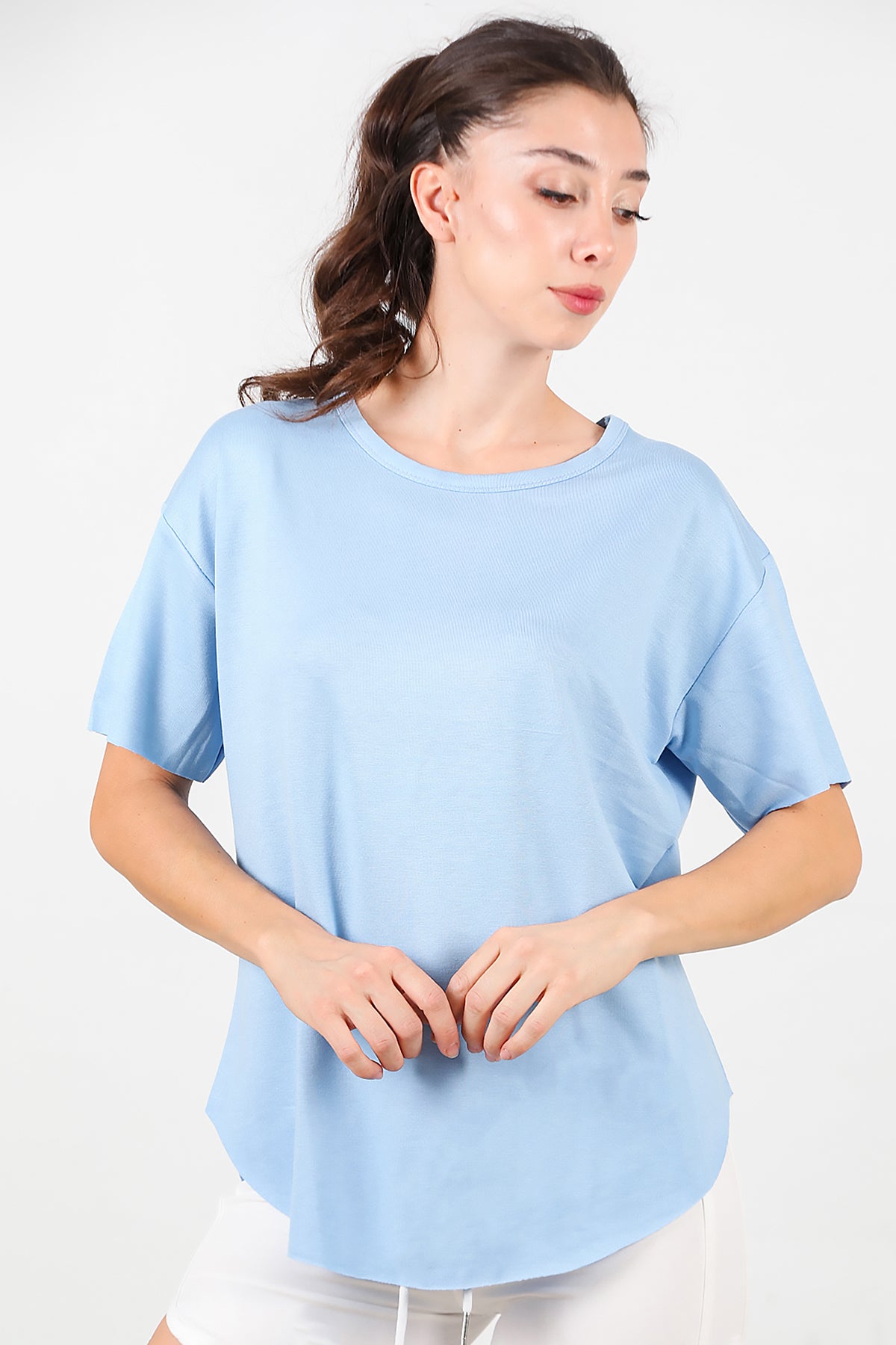 Kadın Eteği Oval Bisiklet Yaka T-shirt Mavi