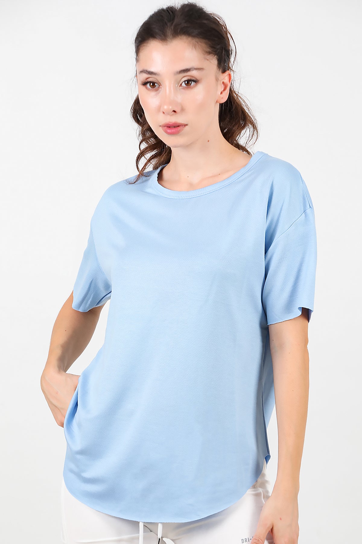 Kadın Eteği Oval Bisiklet Yaka T-shirt Mavi