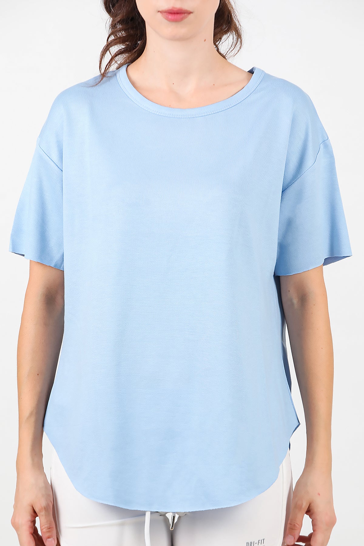 Kadın Eteği Oval Bisiklet Yaka T-shirt Mavi