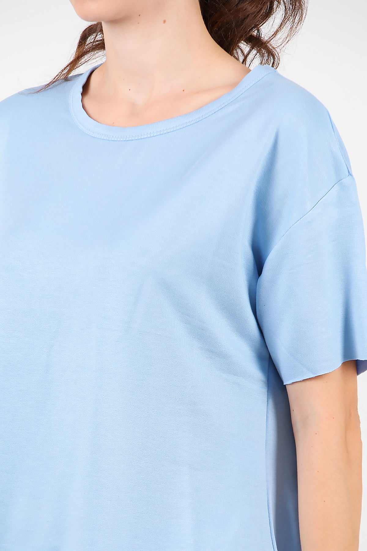 Kadın Eteği Oval Bisiklet Yaka T-shirt Mavi