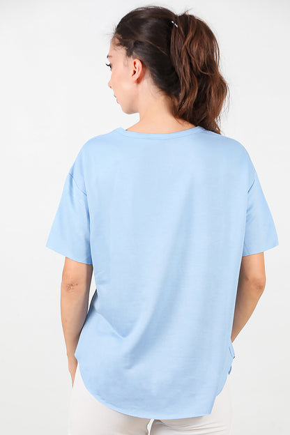 Kadın Eteği Oval Bisiklet Yaka T-shirt Mavi