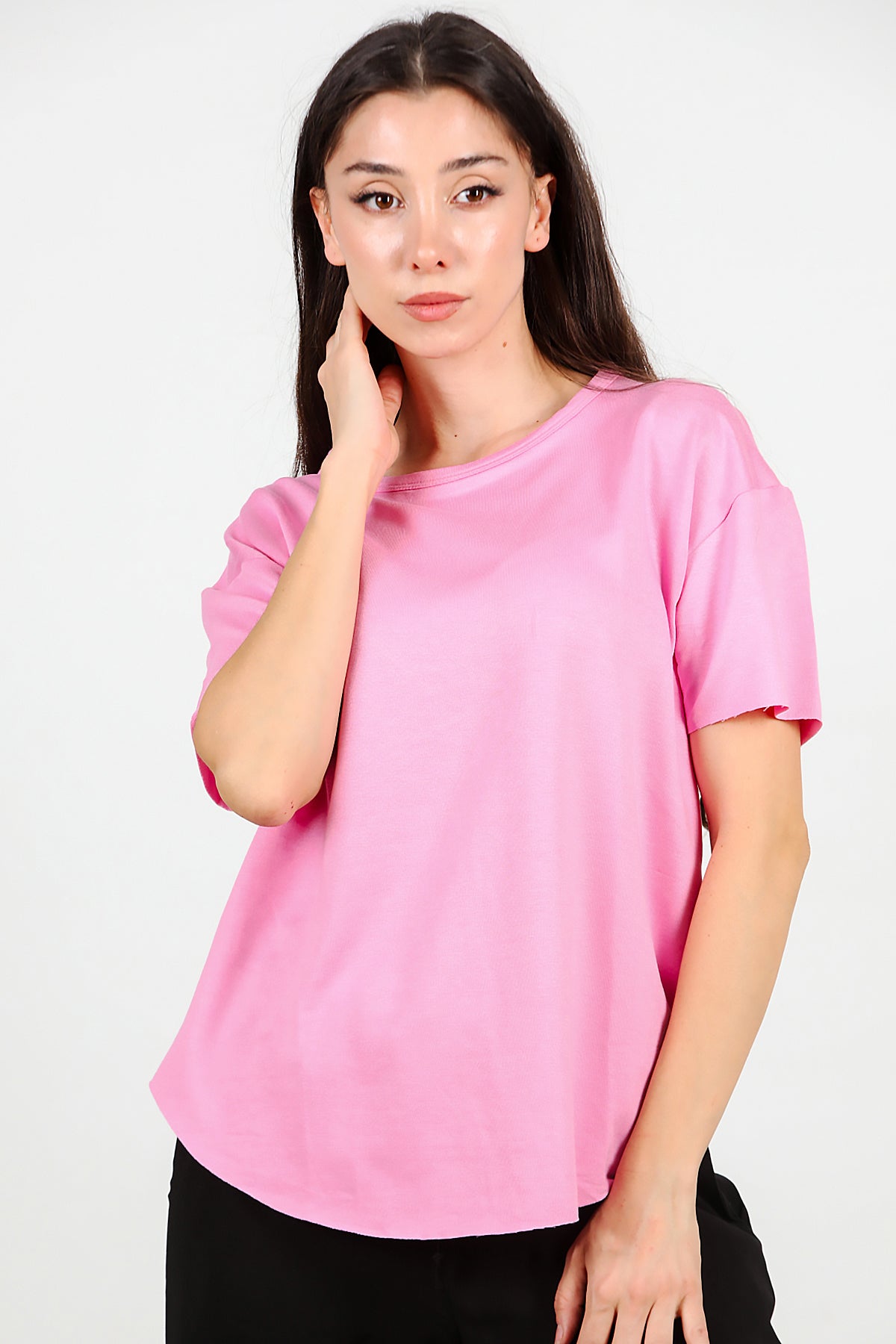 Kadın Eteği Oval Bisiklet Yaka T-shirt Pembe