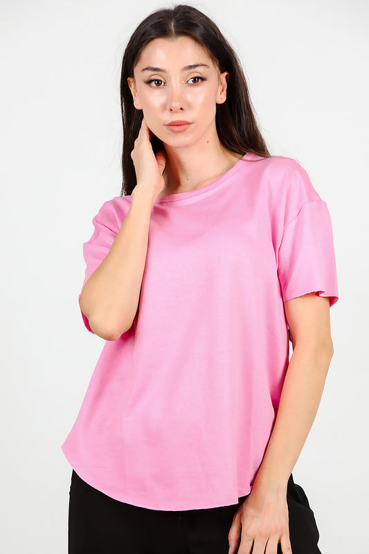 Kadın Eteği Oval Bisiklet Yaka T-shirt Pembe