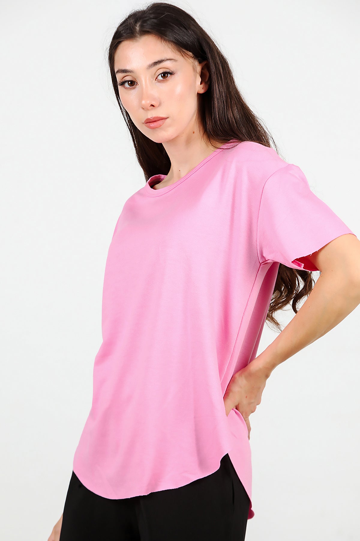 Kadın Eteği Oval Bisiklet Yaka T-shirt Pembe