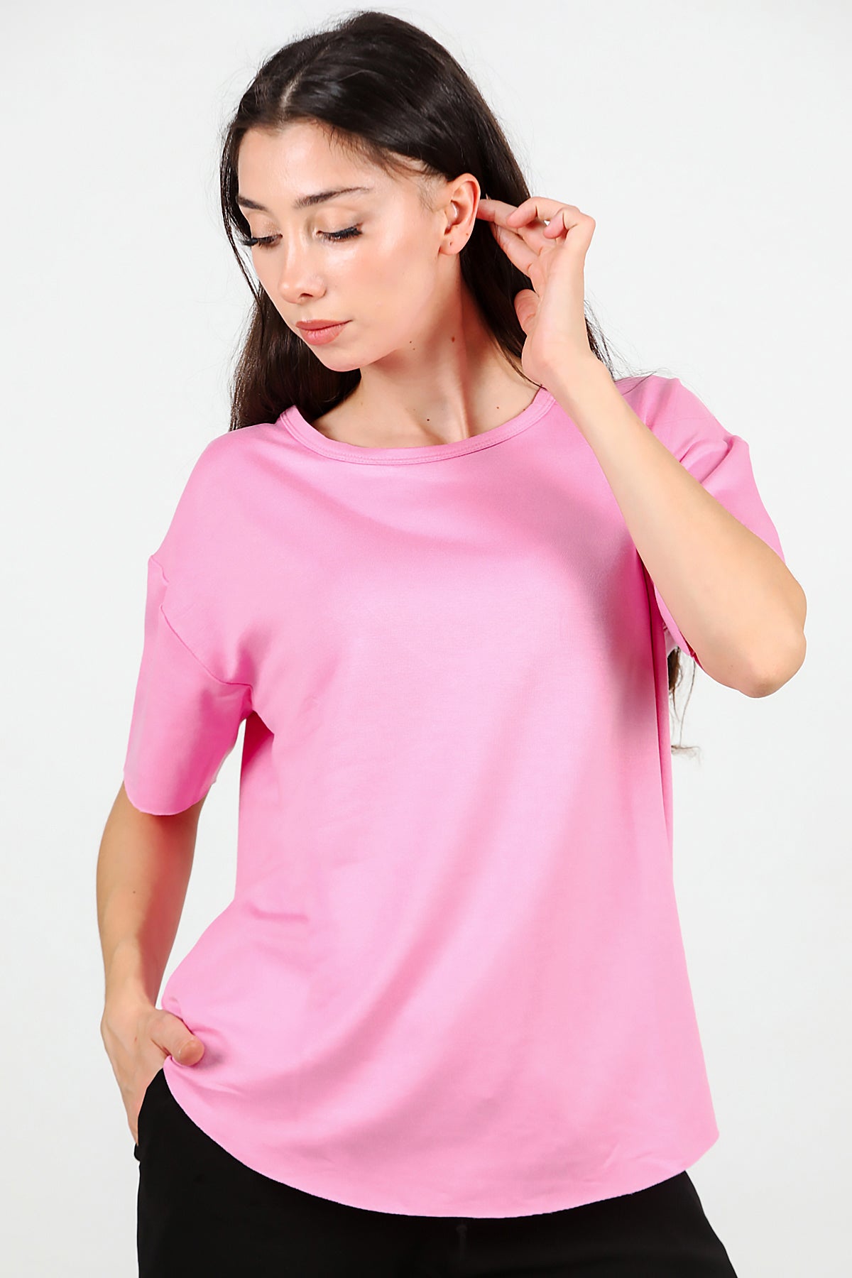 Kadın Eteği Oval Bisiklet Yaka T-shirt Pembe