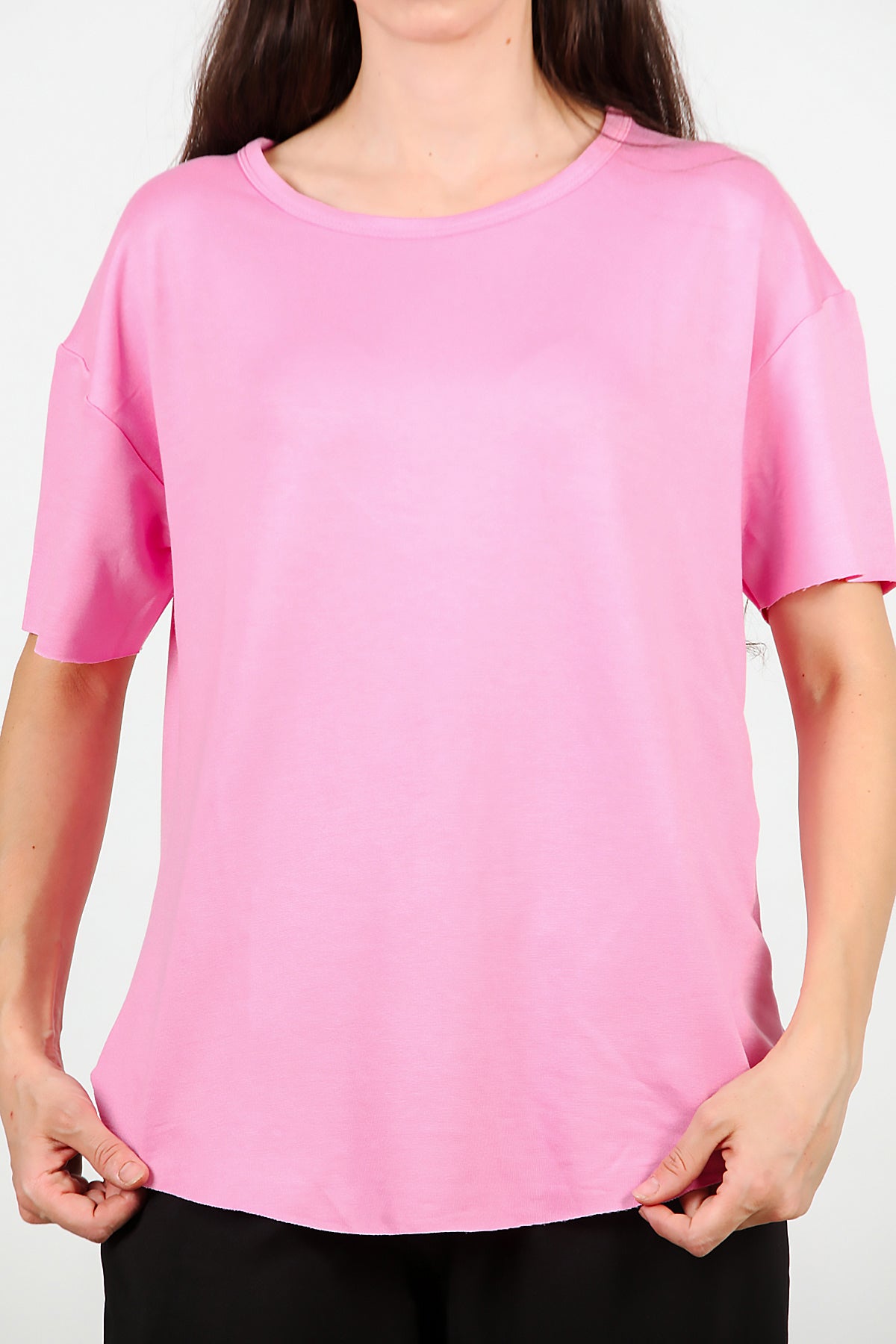Kadın Eteği Oval Bisiklet Yaka T-shirt Pembe