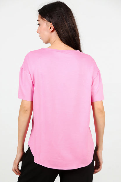 Kadın Eteği Oval Bisiklet Yaka T-shirt Pembe