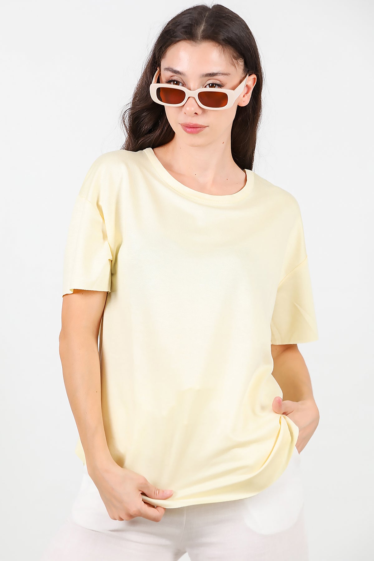 Kadın Eteği Oval Bisiklet Yaka T-shirt Sarı