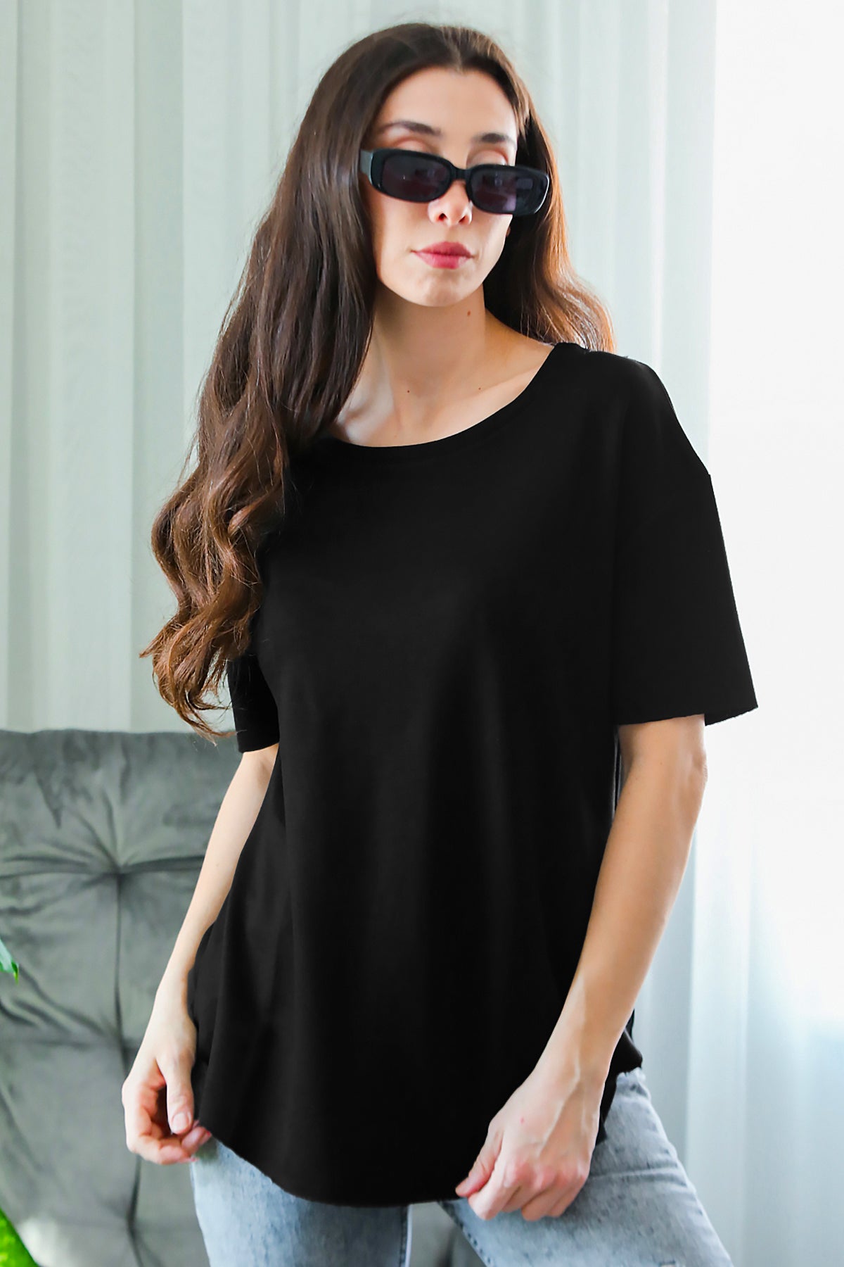 Kadın Eteği Oval Bisiklet Yaka T-shirt Siyah