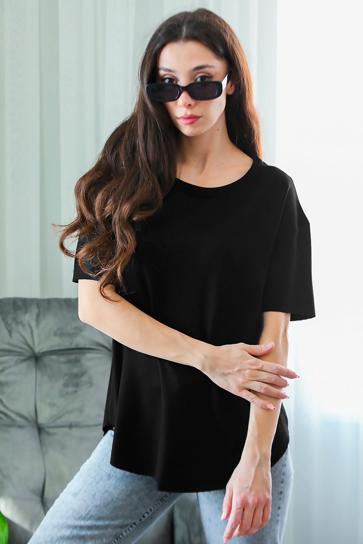 Kadın Eteği Oval Bisiklet Yaka T-shirt Siyah