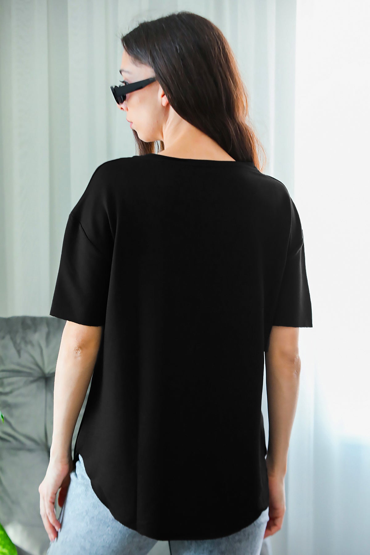 Kadın Eteği Oval Bisiklet Yaka T-shirt Siyah