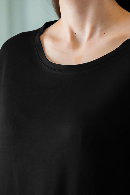 Kadın Eteği Oval Bisiklet Yaka T-shirt Siyah