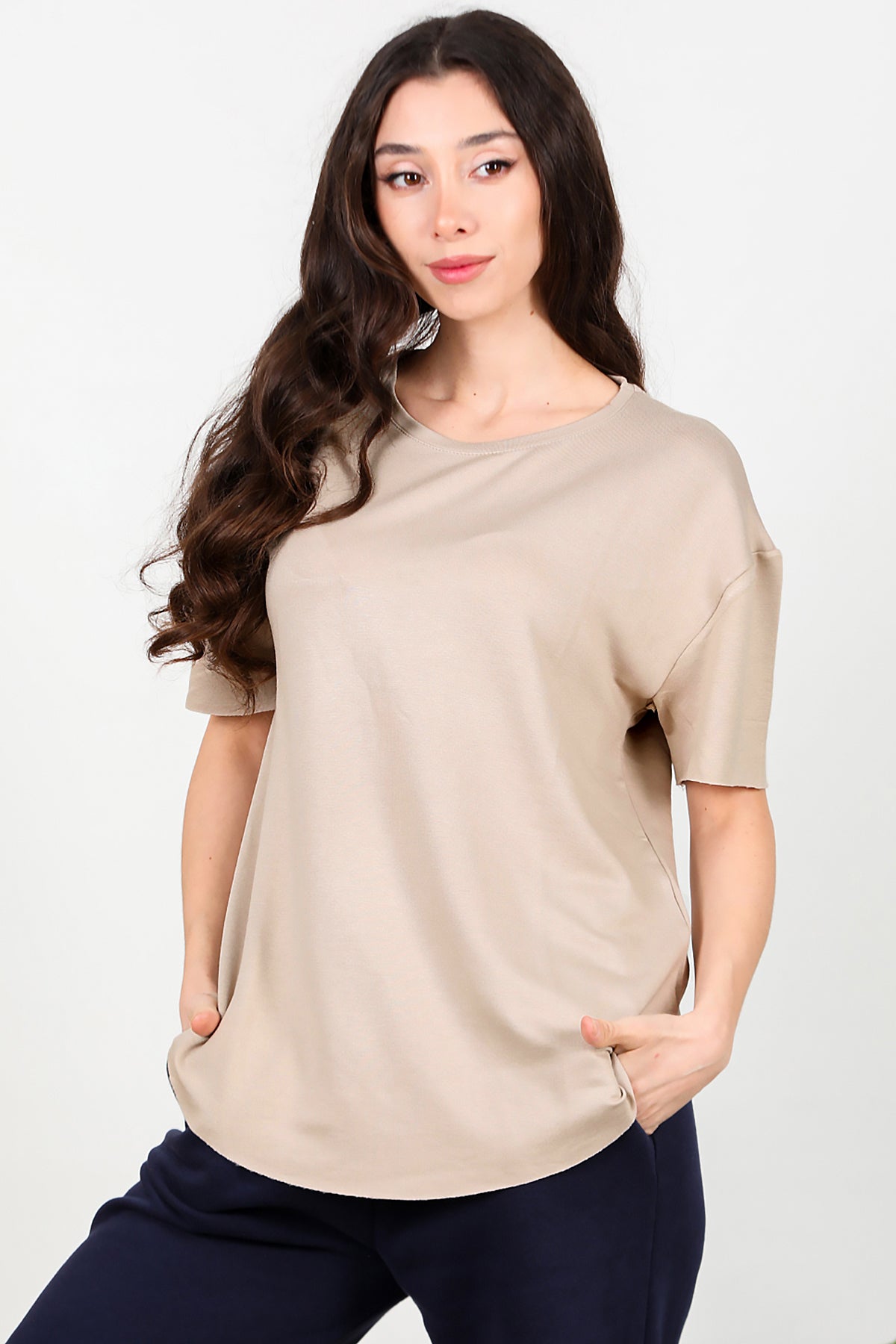 Kadın Eteği Oval Bisiklet Yaka T-shirt Taş