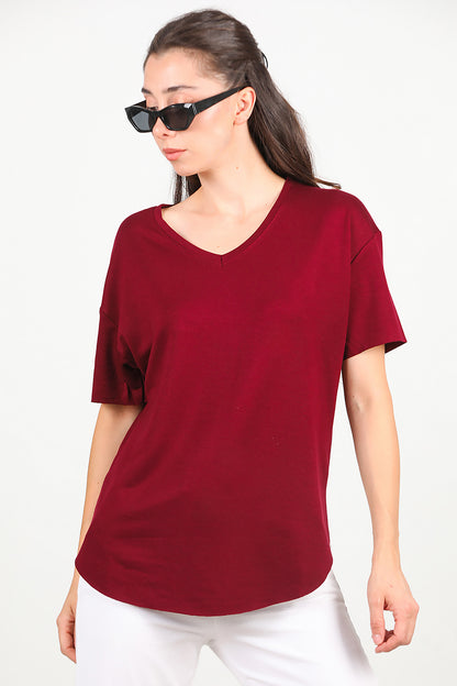 Kadın Eteği Oval V Yaka T-Shirt Bordo