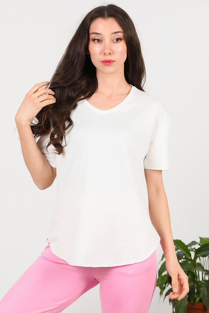 Kadın Eteği Oval V Yaka T-Shirt Ekru
