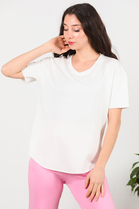 Kadın Eteği Oval V Yaka T-Shirt Ekru