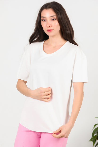 Kadın Eteği Oval V Yaka T-Shirt Ekru