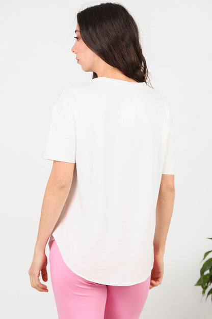 Kadın Eteği Oval V Yaka T-Shirt Ekru