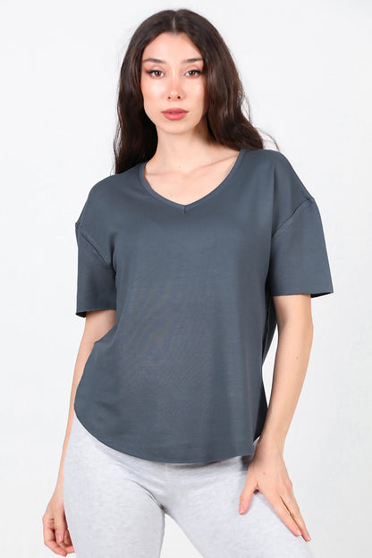 Kadın Eteği Oval V Yaka T-Shirt Füme