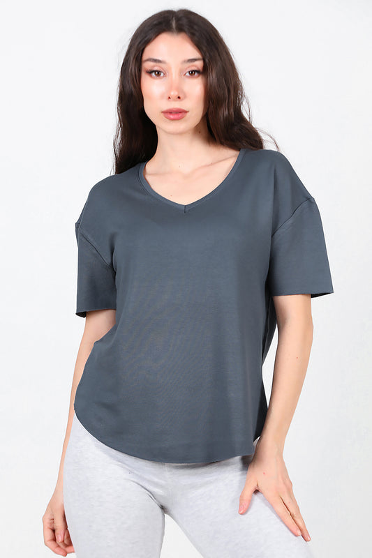 Kadın Eteği Oval V Yaka T-Shirt Füme