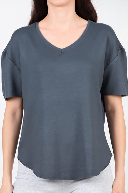 Kadın Eteği Oval V Yaka T-Shirt Füme