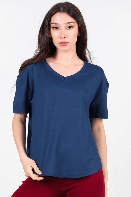 Kadın Eteği Oval V Yaka T-Shirt Lacivert