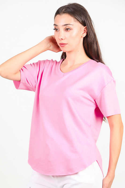 Kadın Eteği Oval V Yaka T-Shirt Pembe