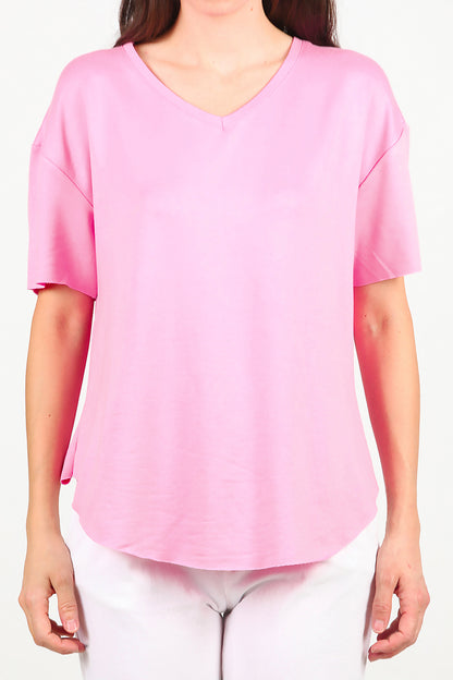 Kadın Eteği Oval V Yaka T-Shirt Pembe